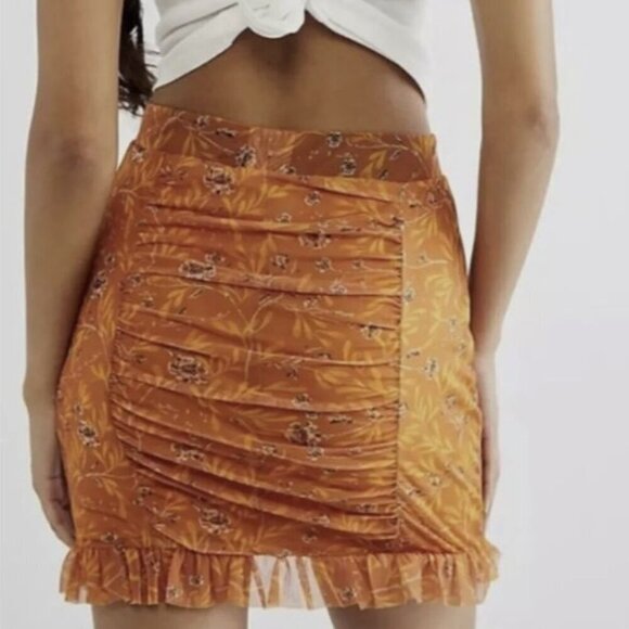 Free People Romi Mesh Mini Skirt Orange Floral Rushed Ruffle Festival Womens XS - Picture 4 of 6